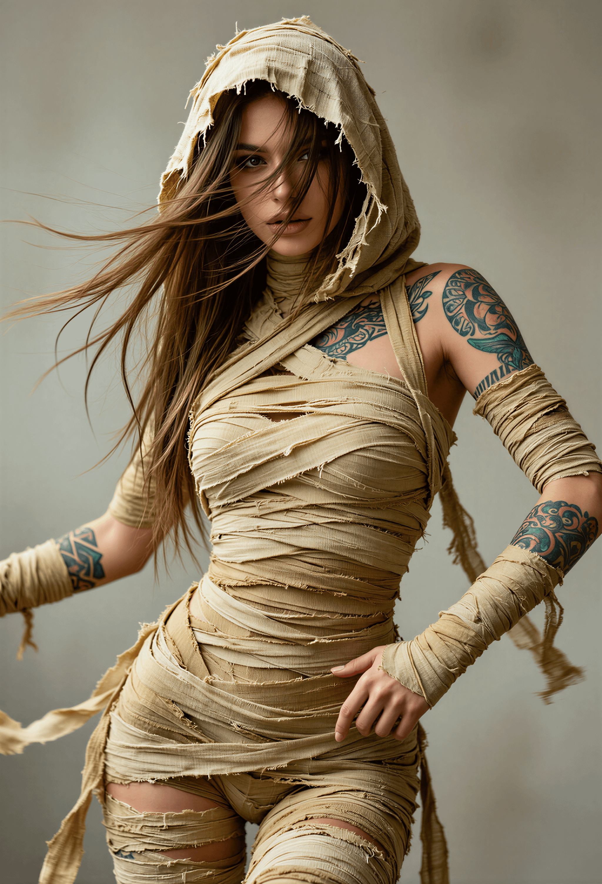 Photorealistic mummy fashion portrait with tattered linen bandages and visible tattoos against a warm grey wall.