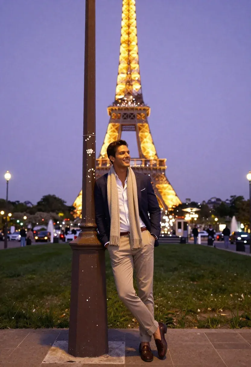 Iconic Urban Landmark Moment Stylish Traveler Man Posing Confidently Before