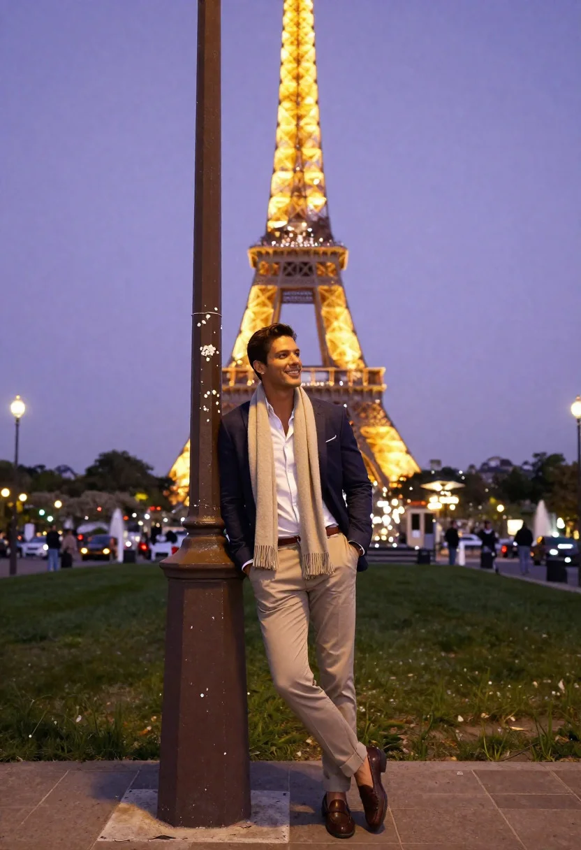 Iconic Urban Landmark Moment Stylish Traveler Man Posing Confidently Before reference photo