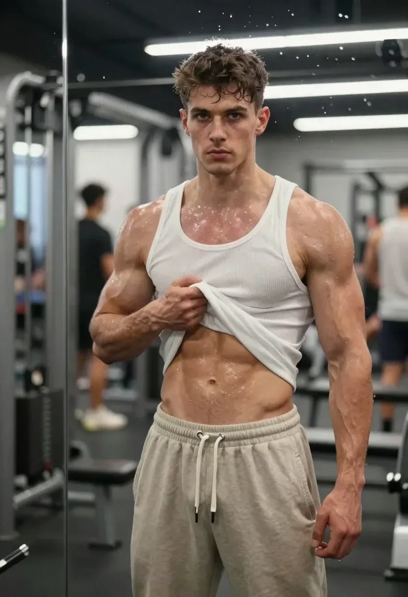 Muscular Man Stands Gym Wearing White Tank Top And Beige