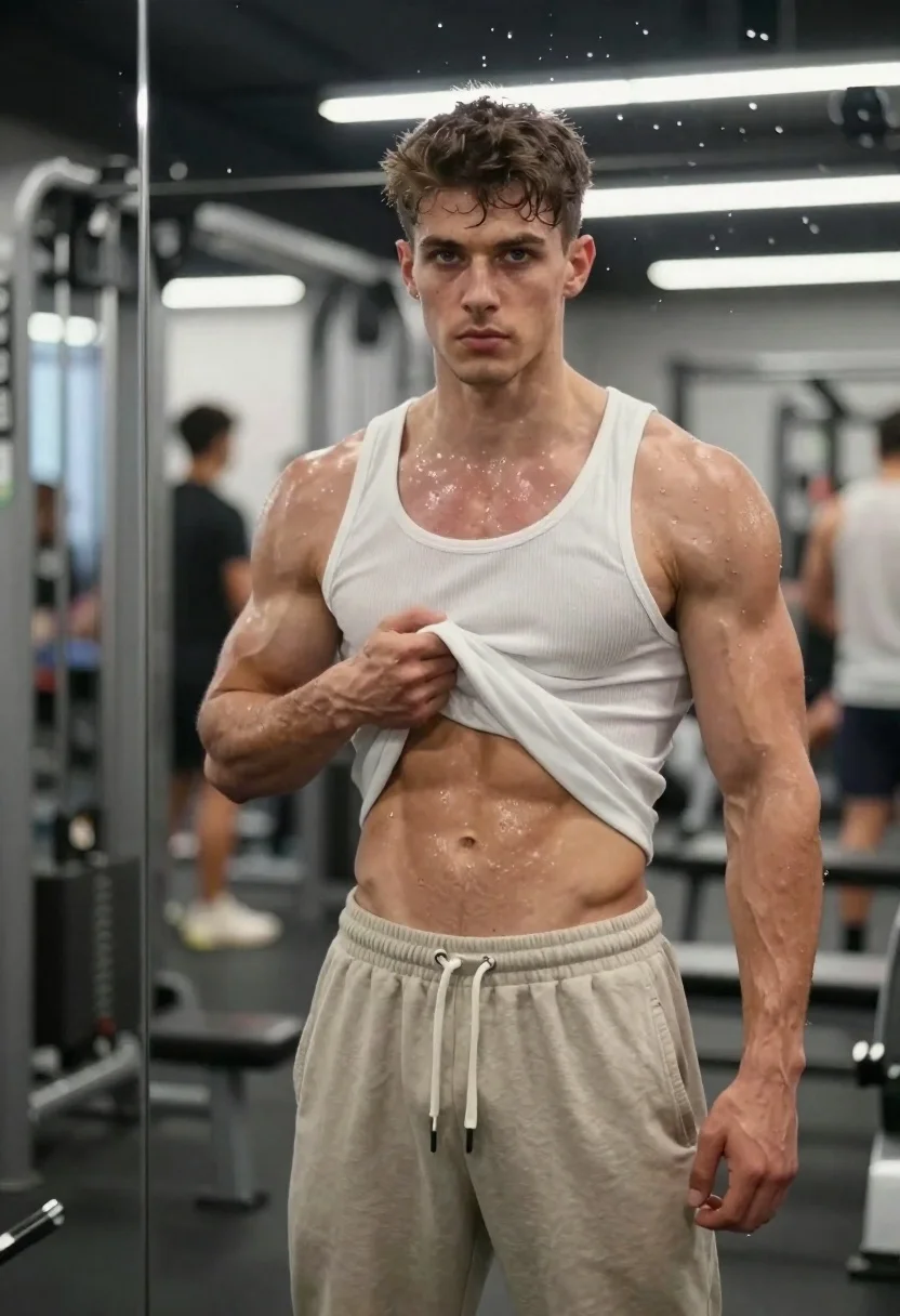 Muscular man stands confidently in a gym, wearing a white tank top and beige sweatpants, body glistening with sweat.