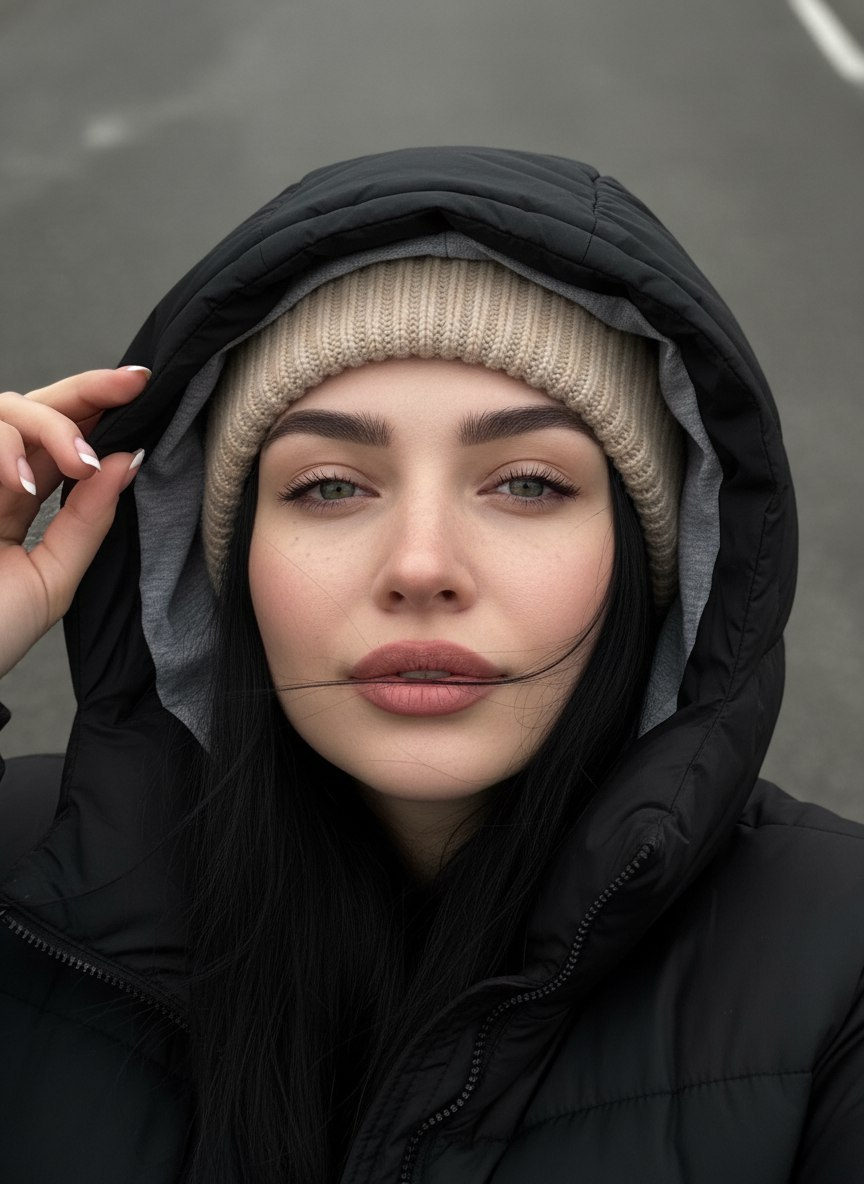 A hyper-realistic macro selfie of a person from above, showcasing detailed skin, slight blush, and dynamic highlights.