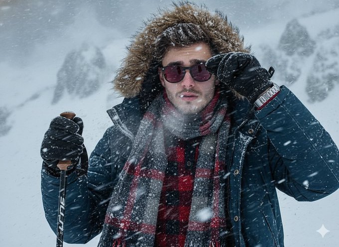 A young man in a snowstorm, wearing a thick jacket and a checked scarf, gripping a trekking pole, with frost on his eyebrows.