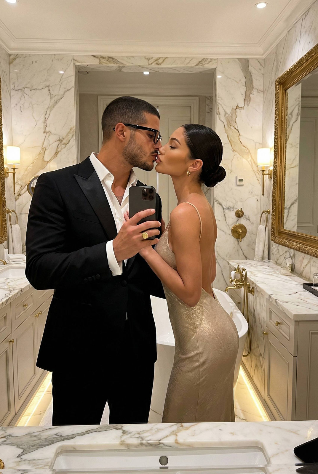 An elegant couple kissing in a luxurious marble bathroom under soft warm lighting.