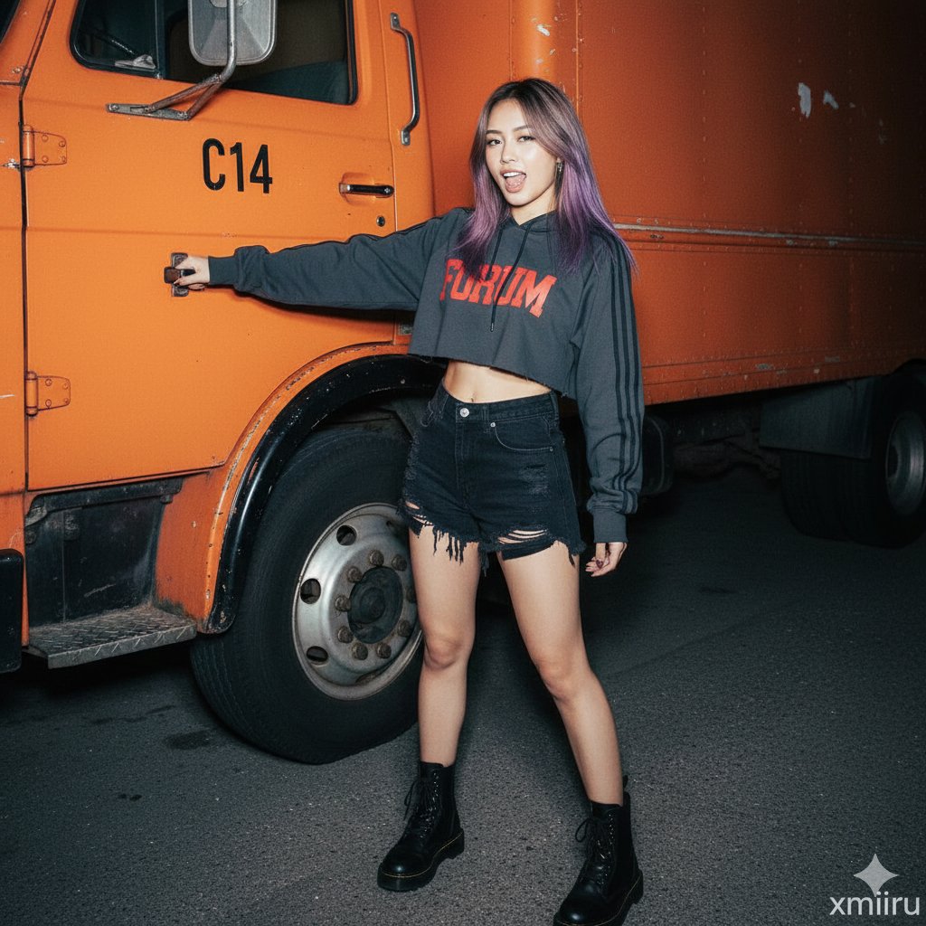 A female model with ash brown straight wolf cut hair and purple highlights sits against a bright orange delivery truck, exuding a serious look.