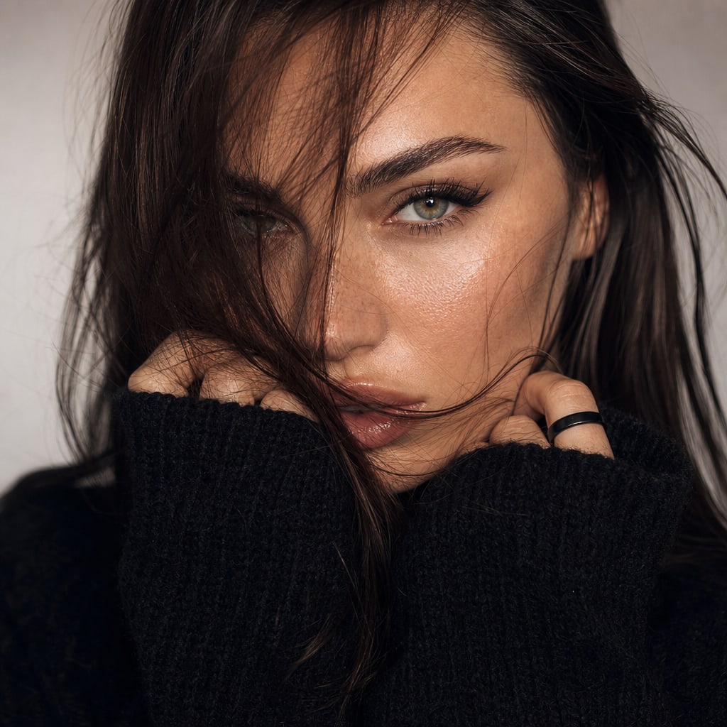 Close-up portrait of a woman in an oversized black sweater with dramatic lighting and mysterious expression.
