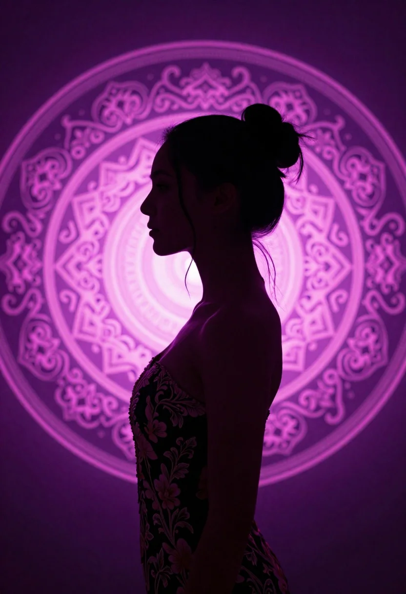 Digital Art Portrait Woman Silhouette Profile Against Radiant Glowing Purple reference photo