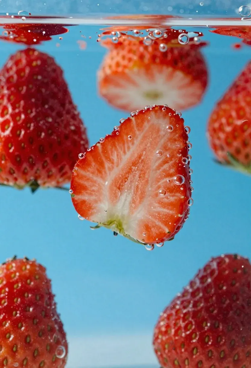 Fresh Red Strawberries Sliced Half Are Suspended Underwater Clear Blue