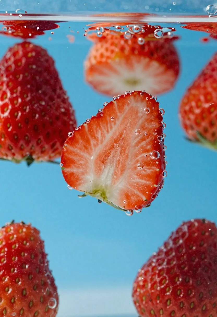 Fresh Red Strawberries Sliced Half Are Suspended Underwater Clear Blue