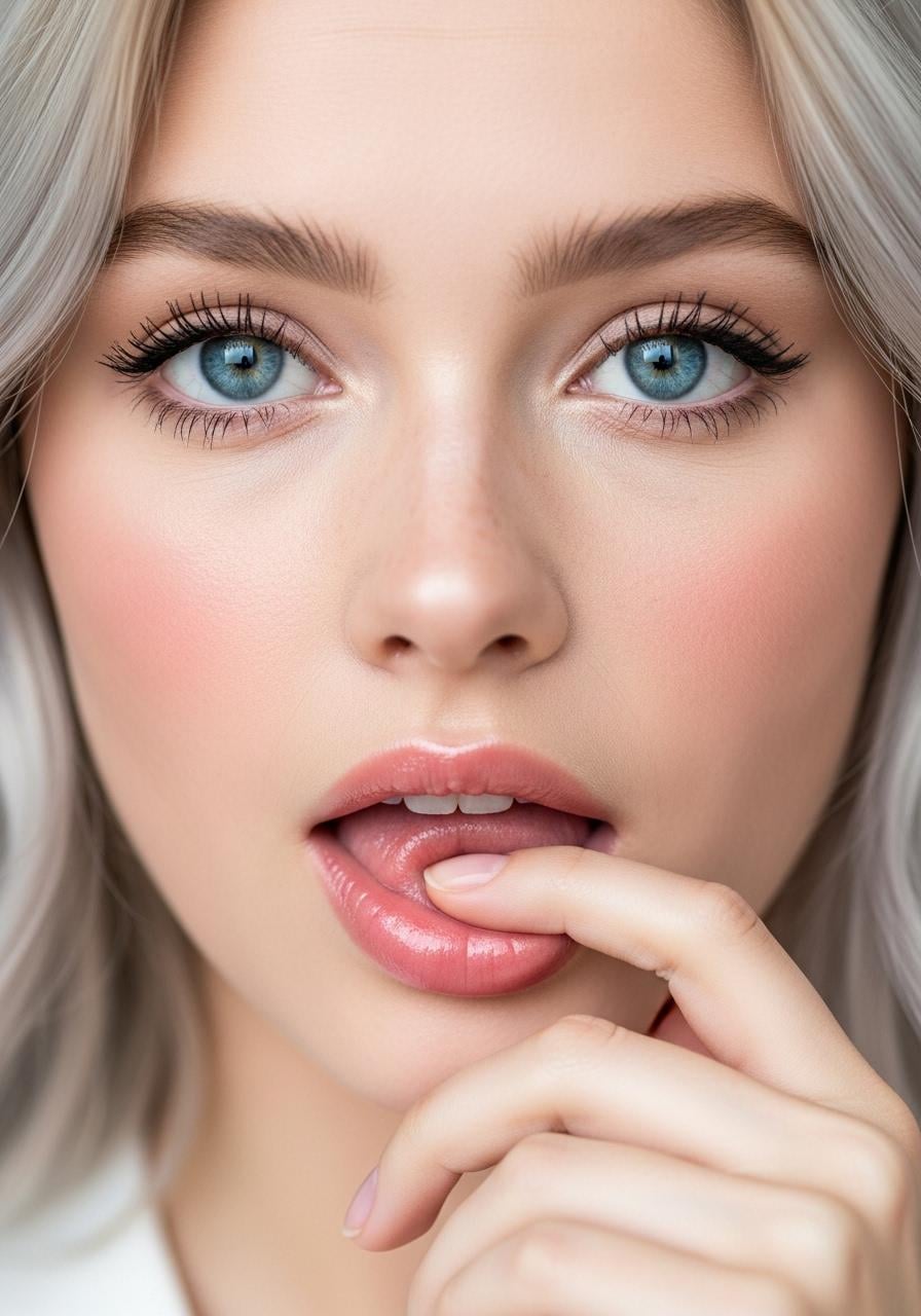 Platinum Hair Close Up With Finger On Lips