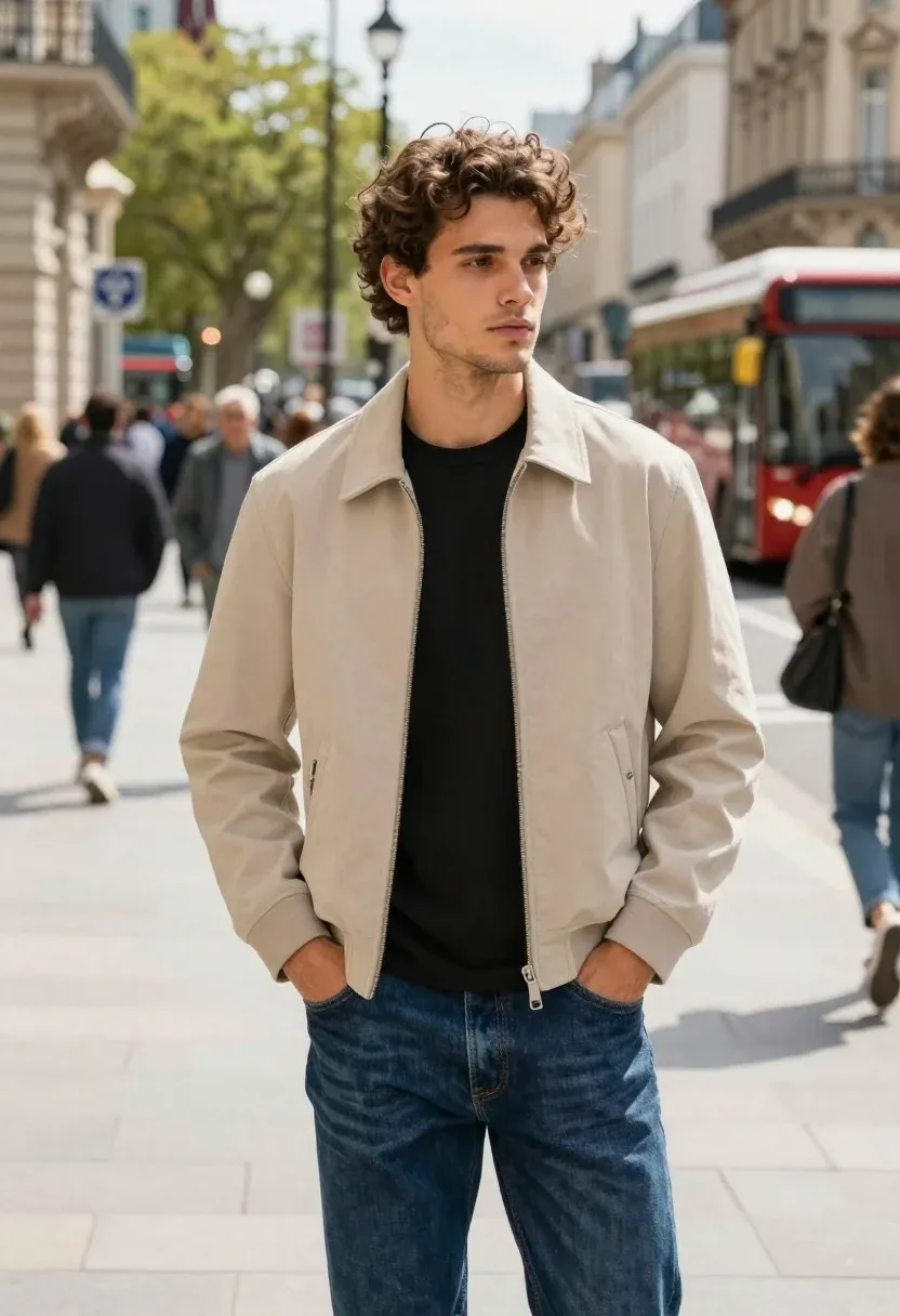 Young Man Stands Confidently The Middle Busy European City Street