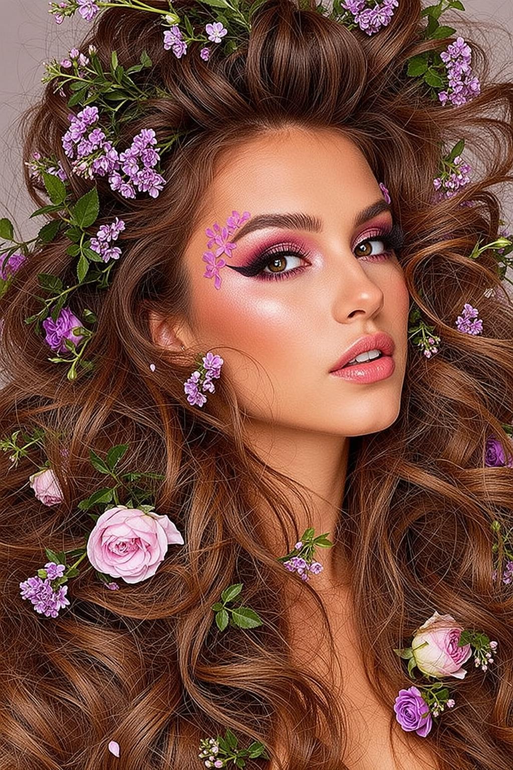 Purple Floral Hair Makeup Sultry Gaze