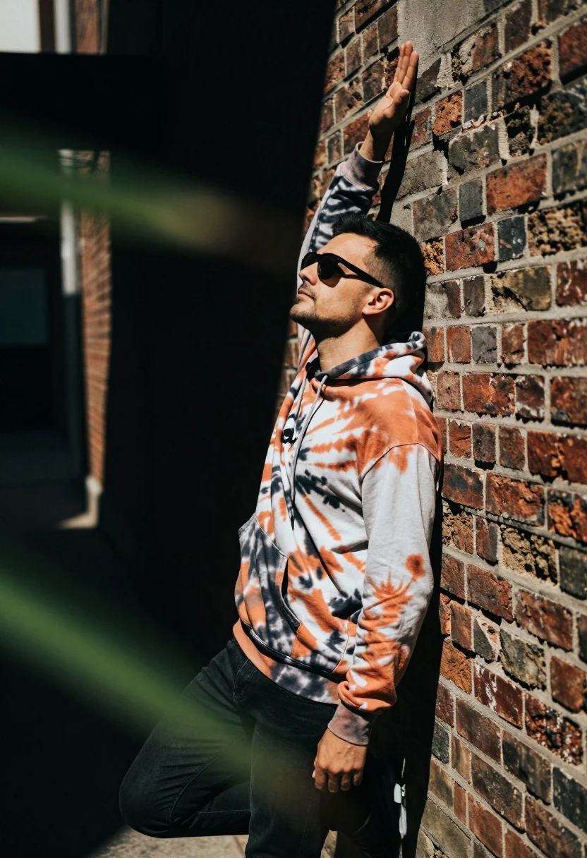 Man Leans Casually Against Textured Brick Wall Urban Alleyway Subject