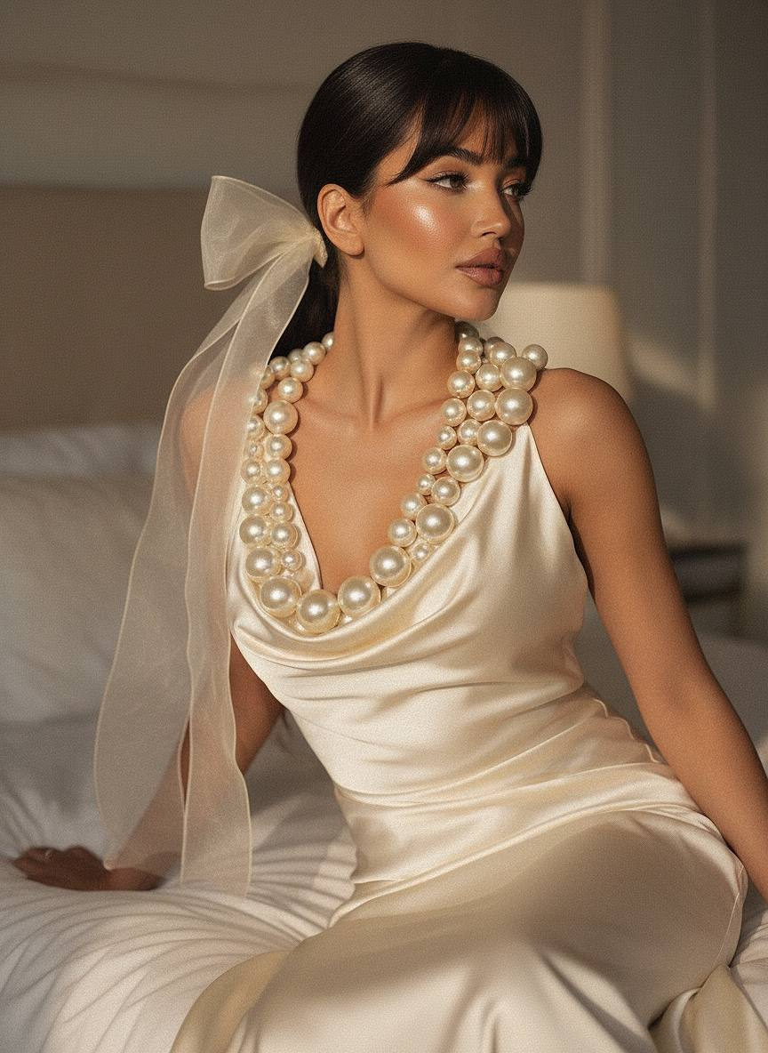 A woman in an off-shoulder gown seated on a piano bench, gazing confidently at the camera with soft daylight illuminating her serene expression.