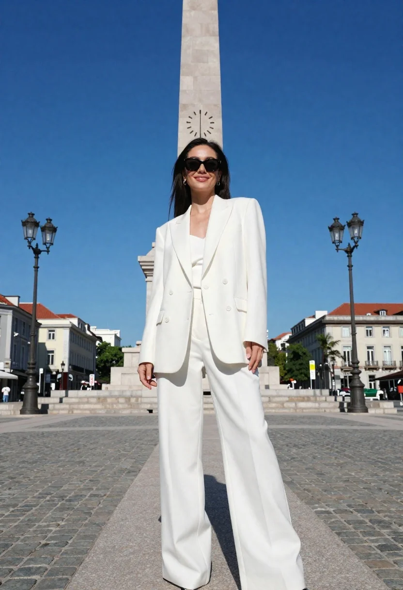 Stylish Woman Stands Confidently Sunlit City Square Wearing White Suit reference photo