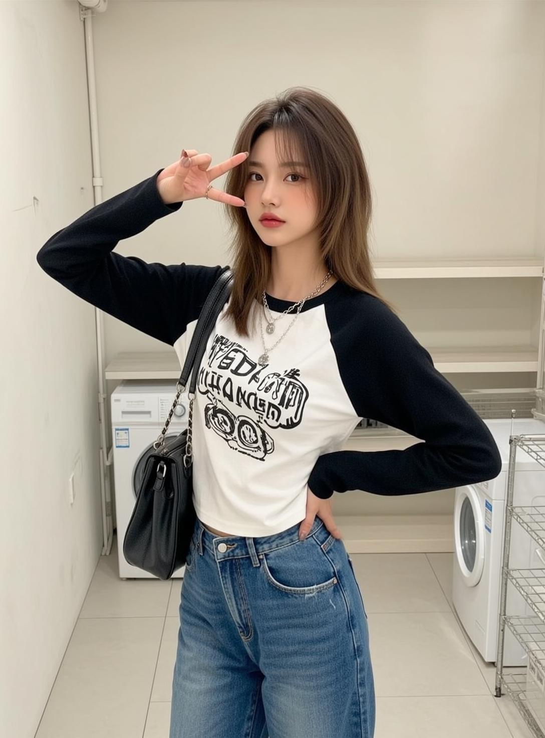 Raglan Tee Laundry Room Pose