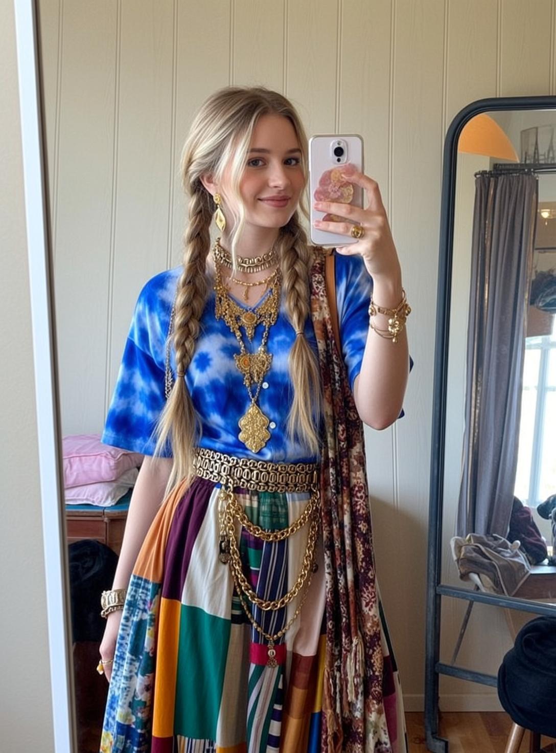 Blonde Woman Blue Tie Dye Maxi Skirt Selfie