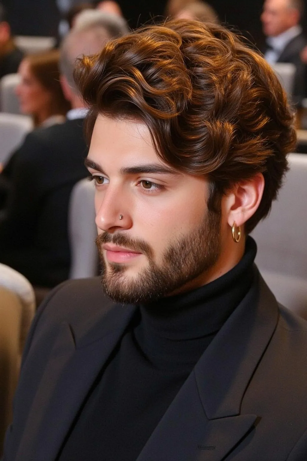 Earrings And Nose Piercings With A Black Turtleneck