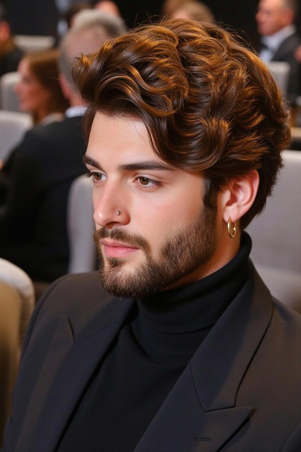 Young Wavy Brown Styled Light Black Turtleneck