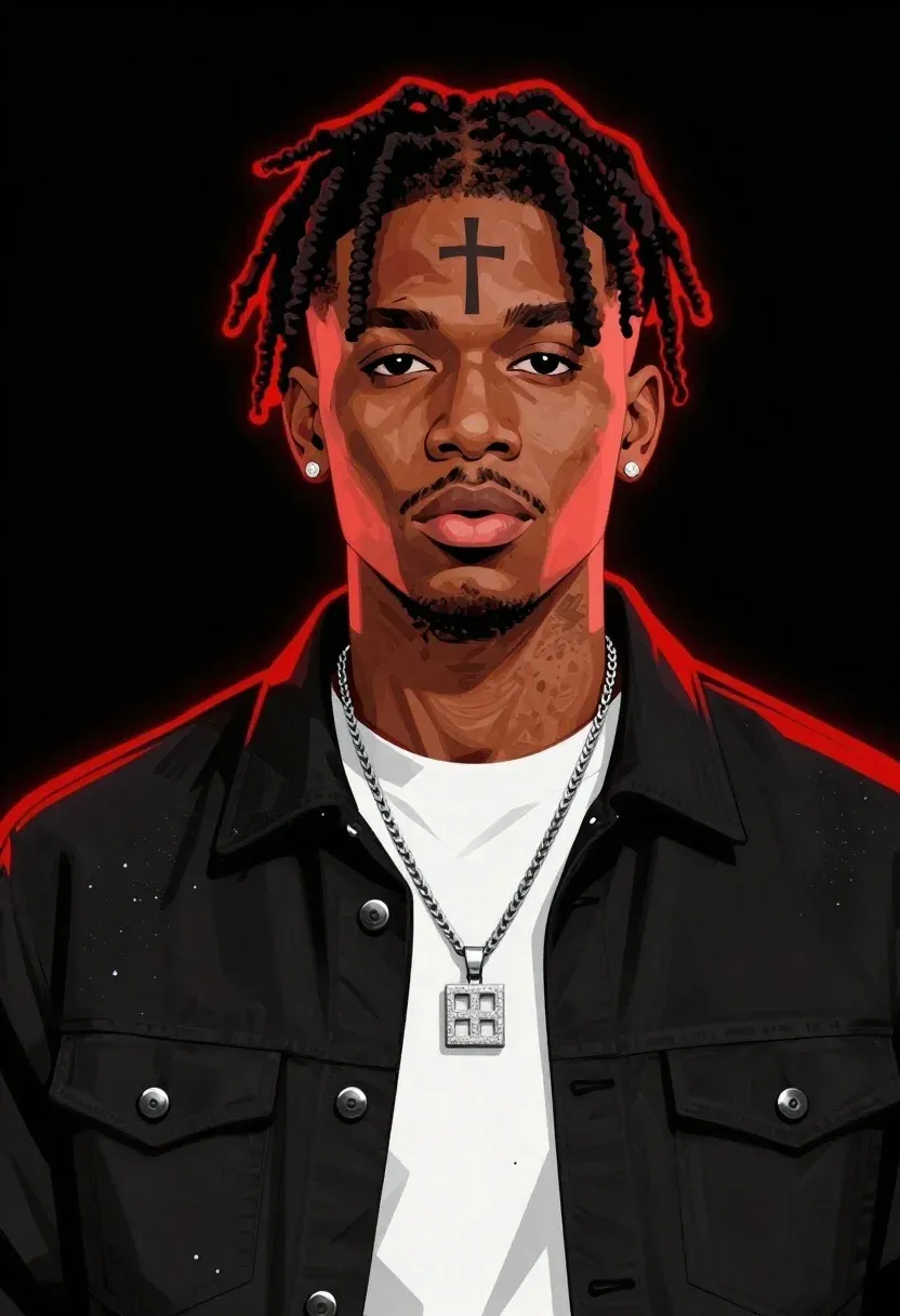 Stylized Portrait Young Black Man With Short Dreadlocks And Cross