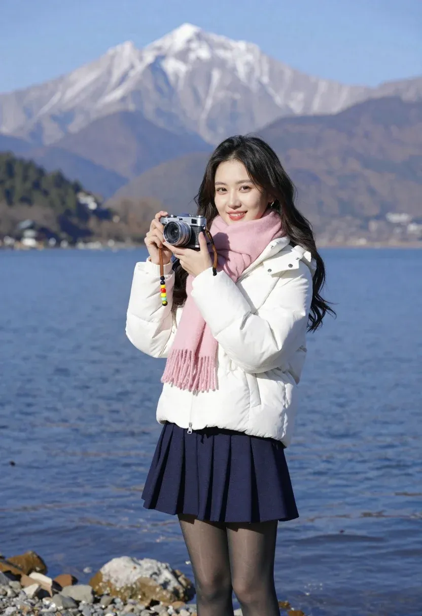 Smiling Young Woman Stands Rocky Lakeshore Holding Vintage Camera With