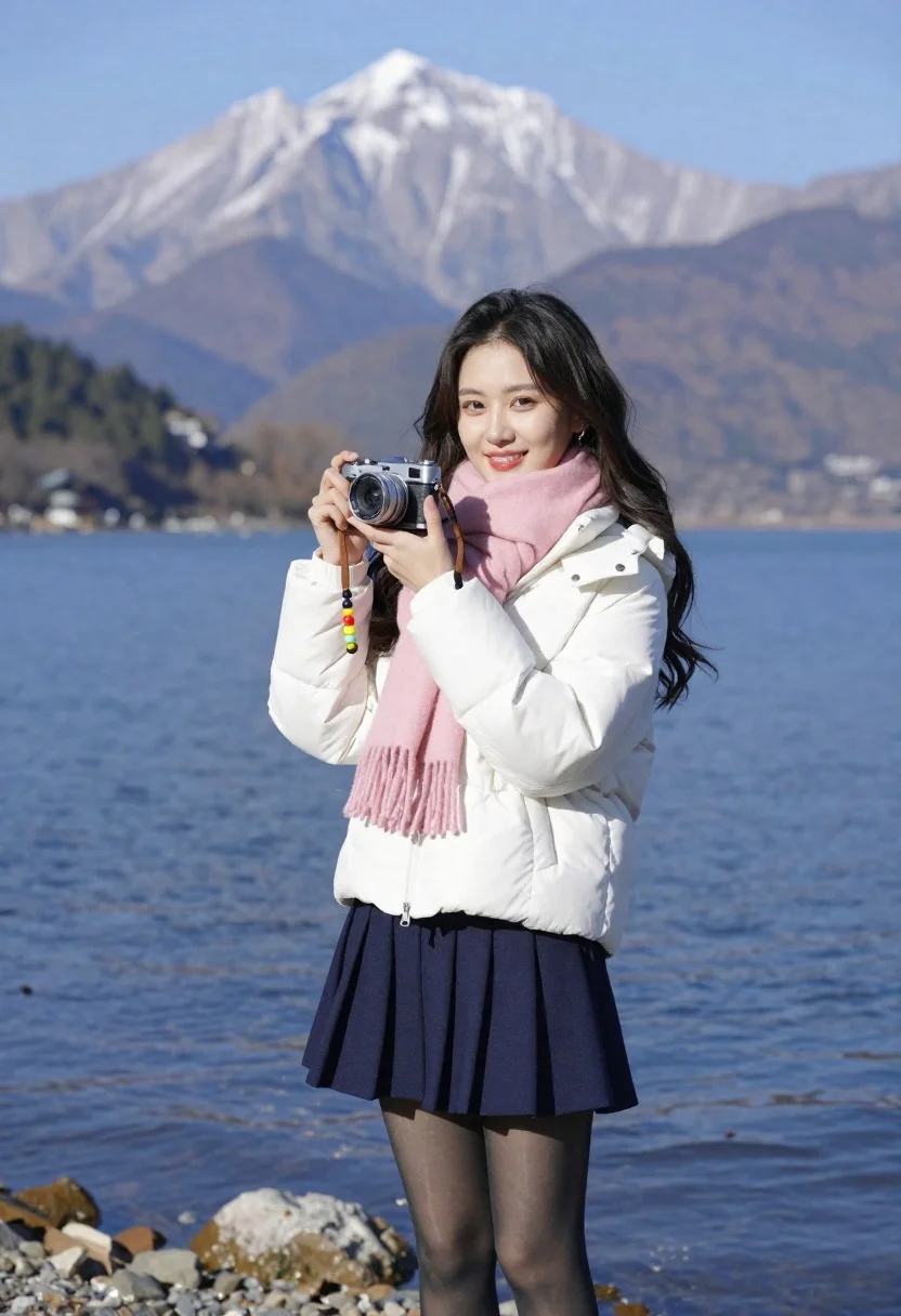 Smiling Young Woman Stands Rocky Lakeshore Holding Vintage Camera With