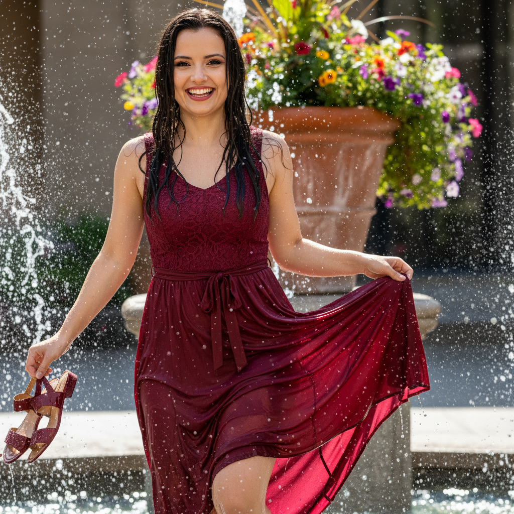 A joyful young woman in a burgundy summer dress, dancing and playing in a sparkling outdoor fountain, with her hair drenched and a wide smile.