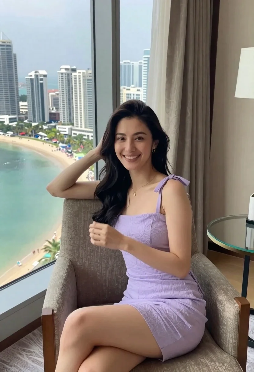 Woman With Long Dark Hair Sits Plush Armchair Inside High-rise reference photo