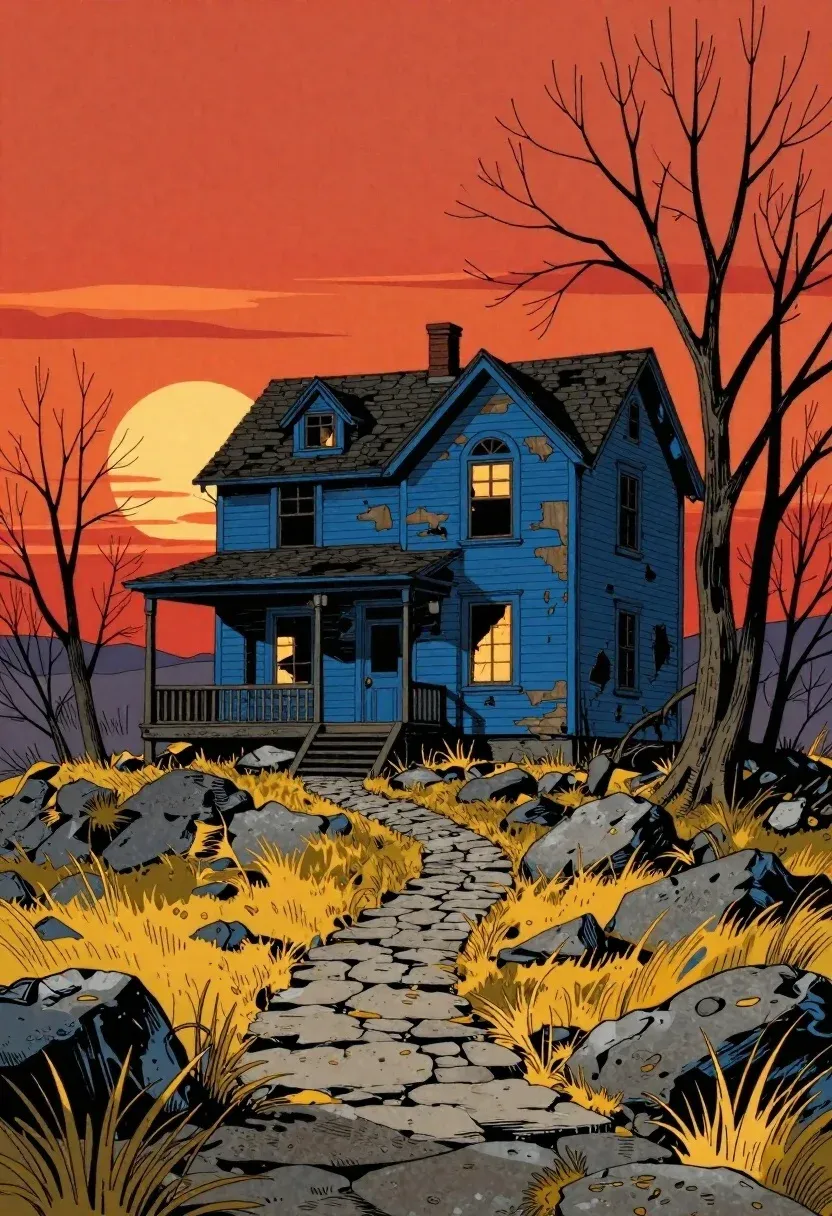 Dense Ink And Watercolor Illustration Solitary Dilapidated House Rocky Hilltop