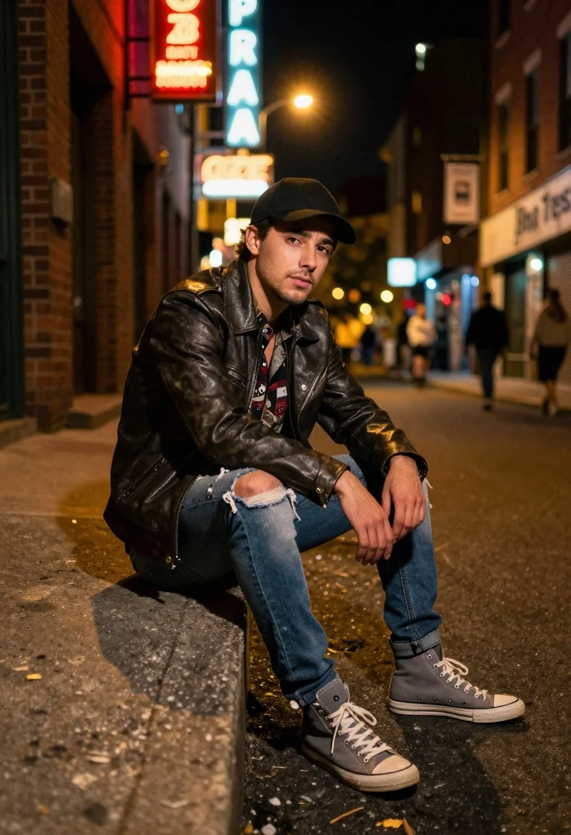 A young man sitting casually on a concrete ledge in an urban alleyway illuminated by warm streetlights and neon signs.