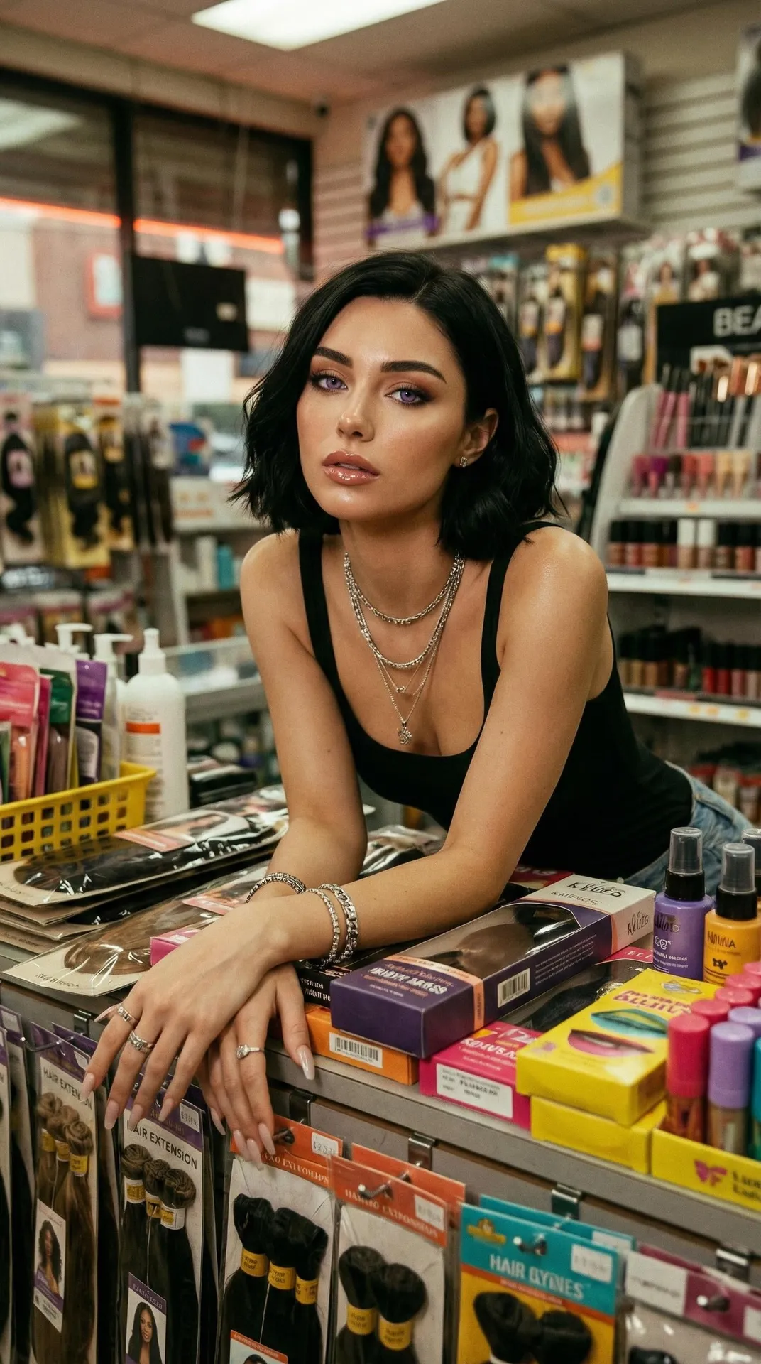 Beauty Supply Store Medium Shot With Hair Extensions
