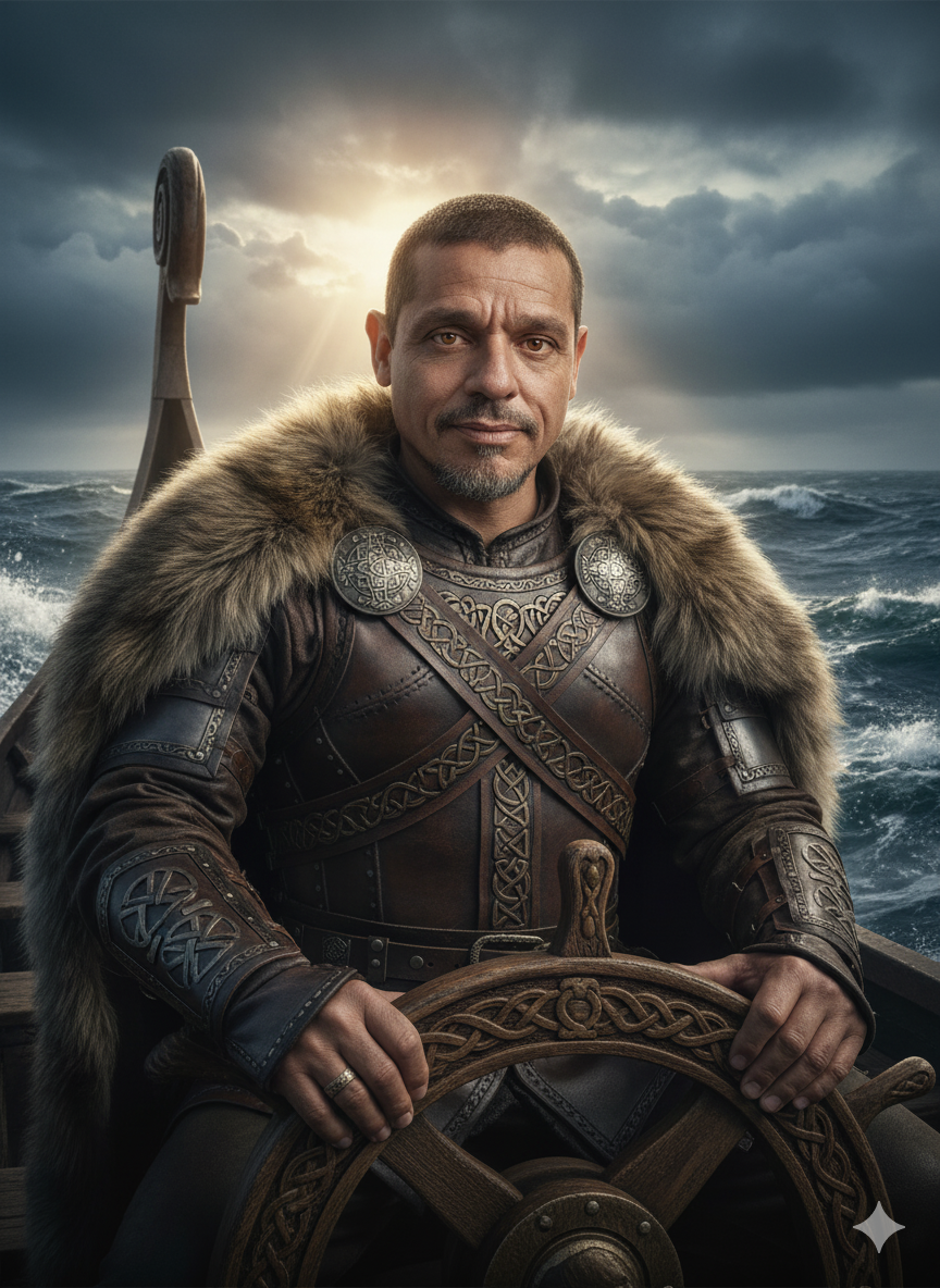 Epic portrait of a Viking warrior on his drakkar amidst a stormy sea, showcasing a determined expression, intricate armor, and a dramatic sky.