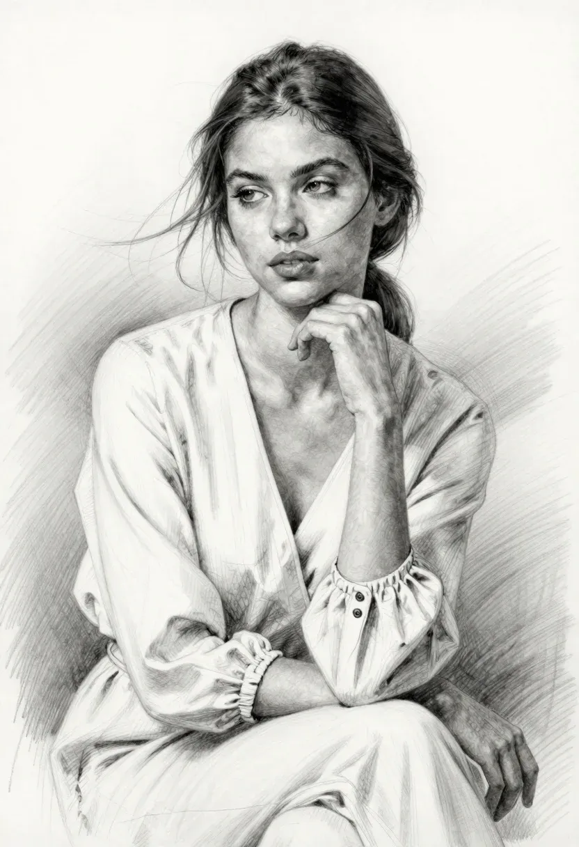 Highly Detailed Pencil Sketch Portrait Young Woman With Elegant Contemplative