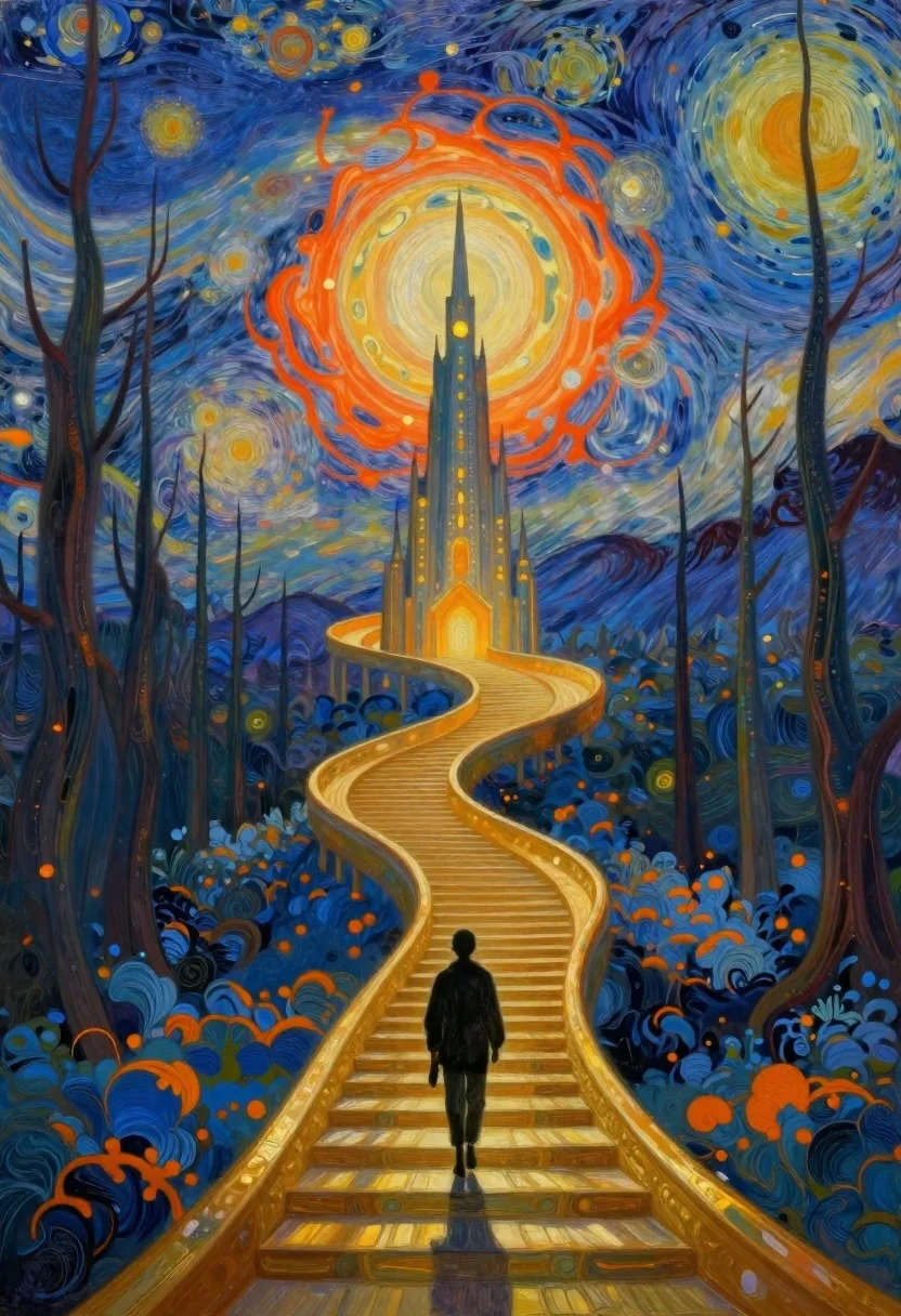 Oil Painting Inspired Fantasy Scene Lone Figure Walking Winding Golden reference photo
