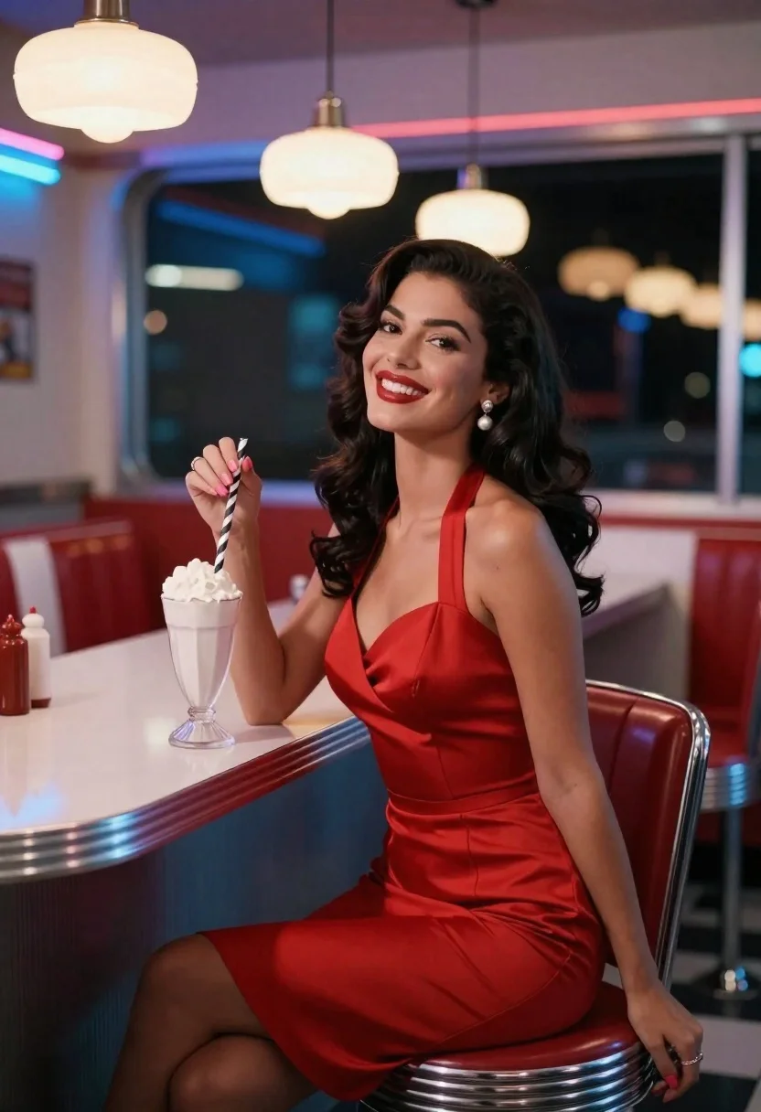 Woman Red Dress Sits Diner Counter Holding Milkshake Subject Woman