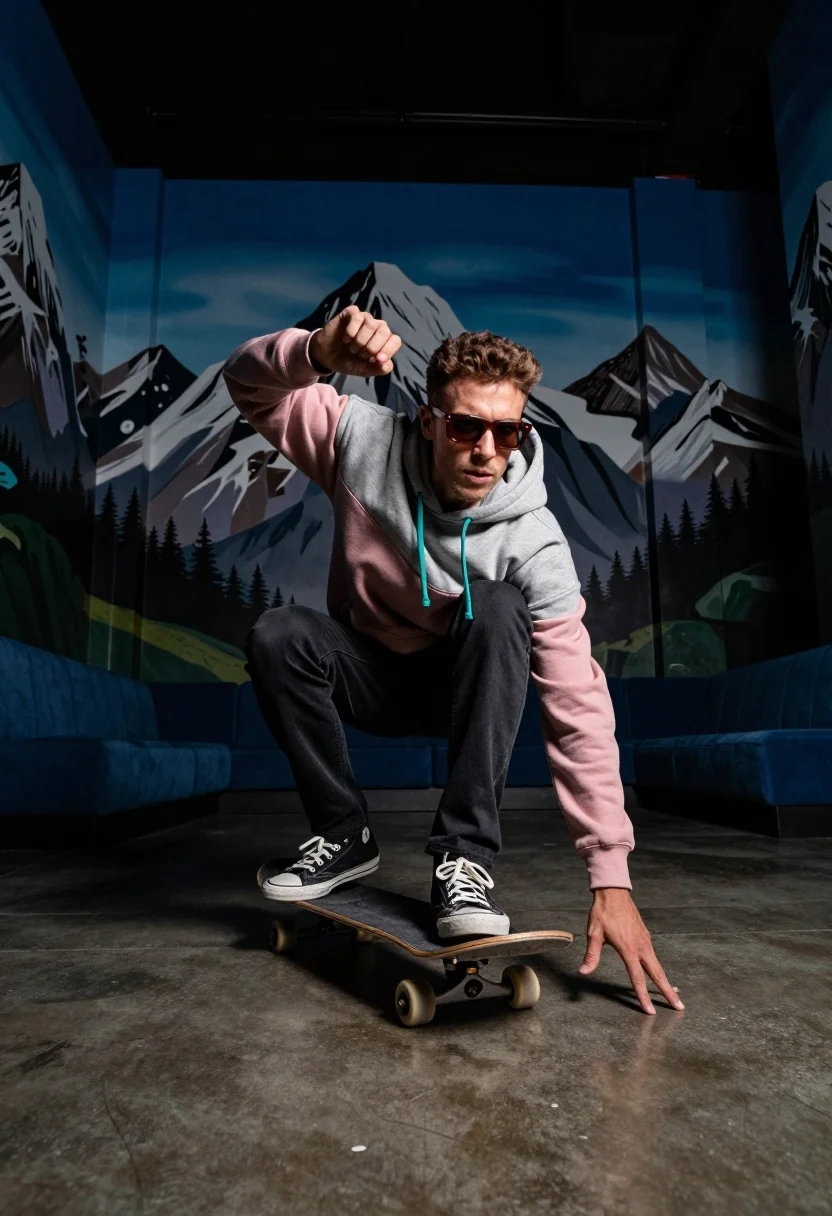 Man Crouching Low Skateboard Dimly Lit Room With Surreal Mountain