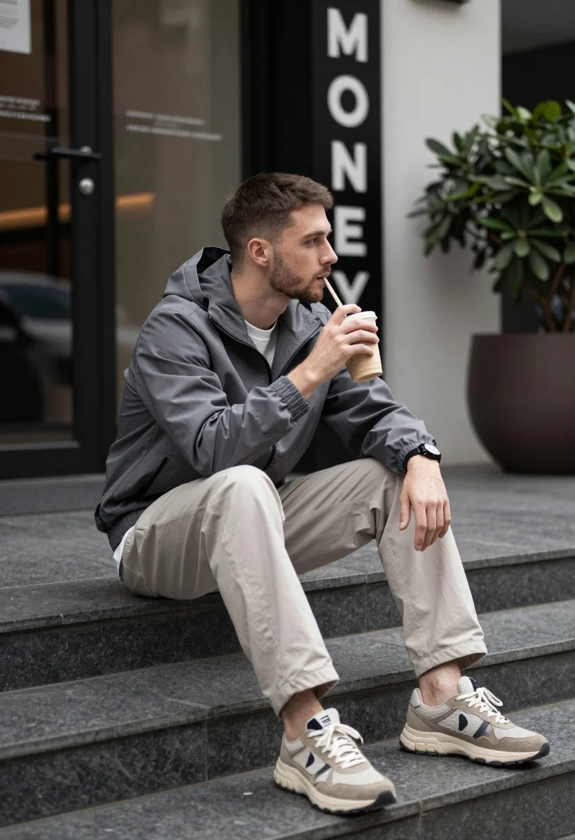 Man Sits Casually Dark Stone Steps Urban Setting Holding Drink