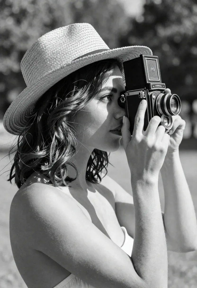 Woman Profile Holding Vintage Twin-lens Reflex Camera Her Eye Subject