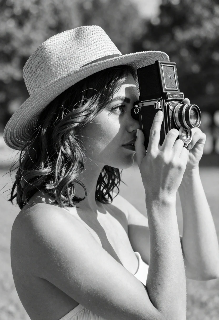 Woman Profile Holding Vintage Twin-lens Reflex Camera Her Eye Subject