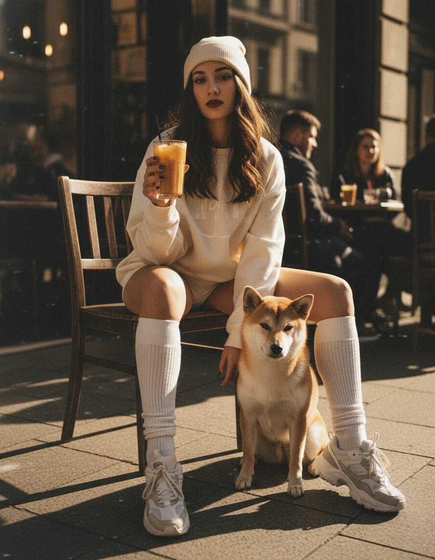 A woman with dark brown hair seated in a wooden chair at a café, holding a cold drink beside a small Shiba Inu dog under warm golden light.