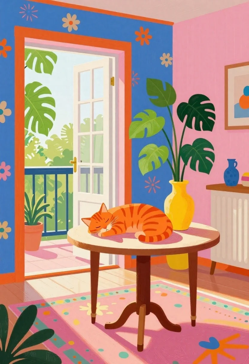 Medium And Scene Vibrant Interior Scene Painted Bold Graphic Art reference photo