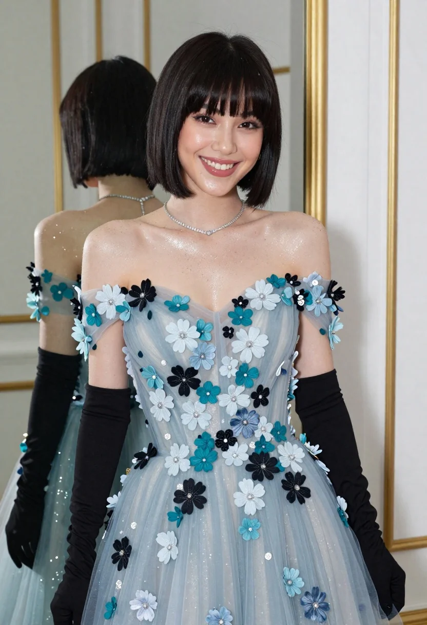 Smiling Woman With Short Black Hair And Bangs Stands Front reference photo