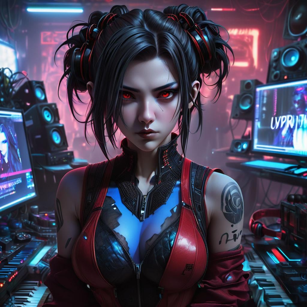 High Tech Music Studio Neon Portrait Red Vest