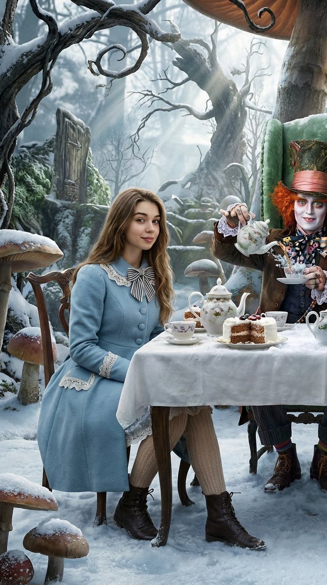A whimsical winter wonderland tea party with pale blue decorations and a curious figure enjoying tea.