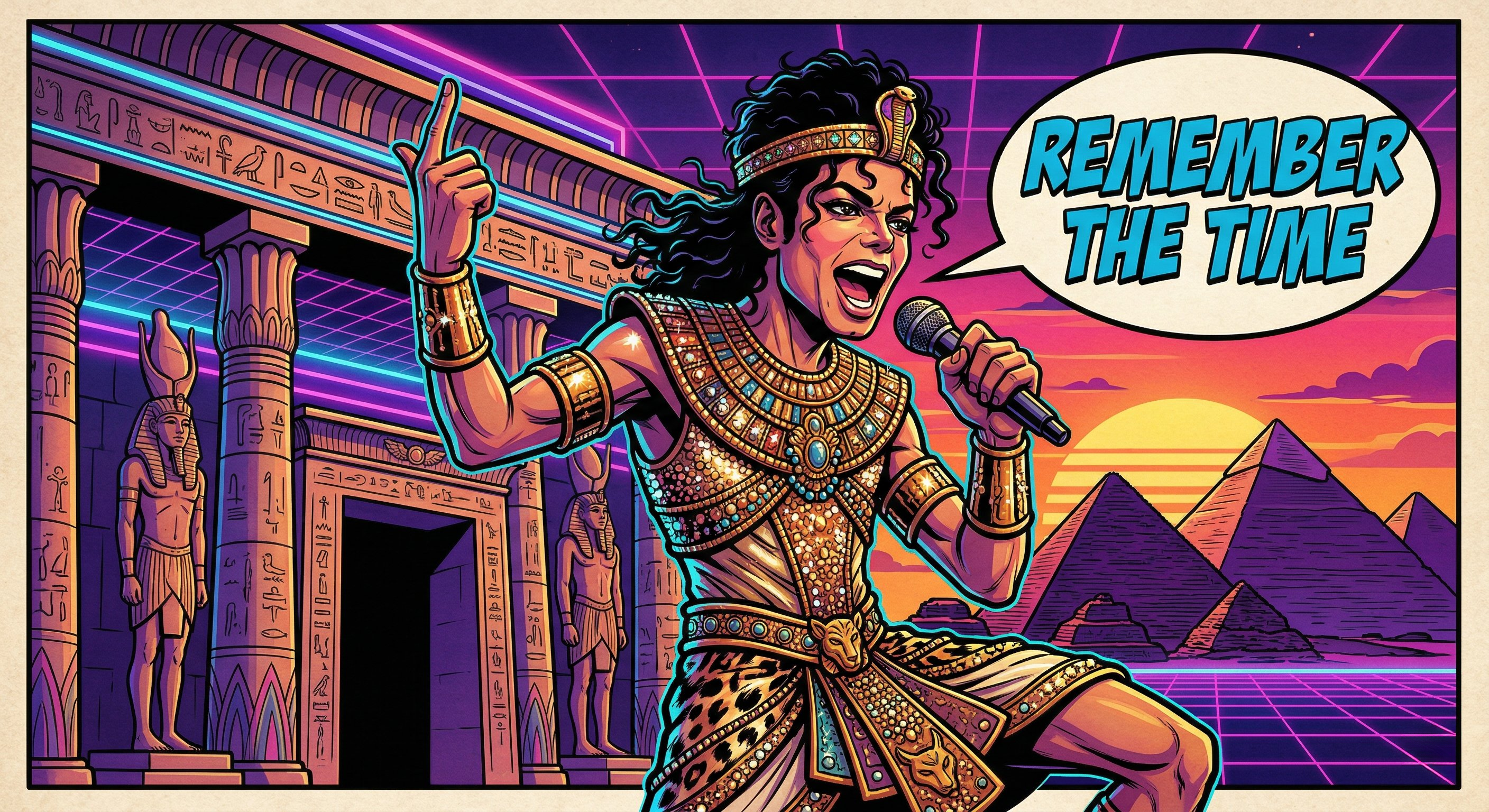 A man in a golden pharaoh costume sings at sunset, holding a microphone amid a stylized Egyptian temple backdrop.
