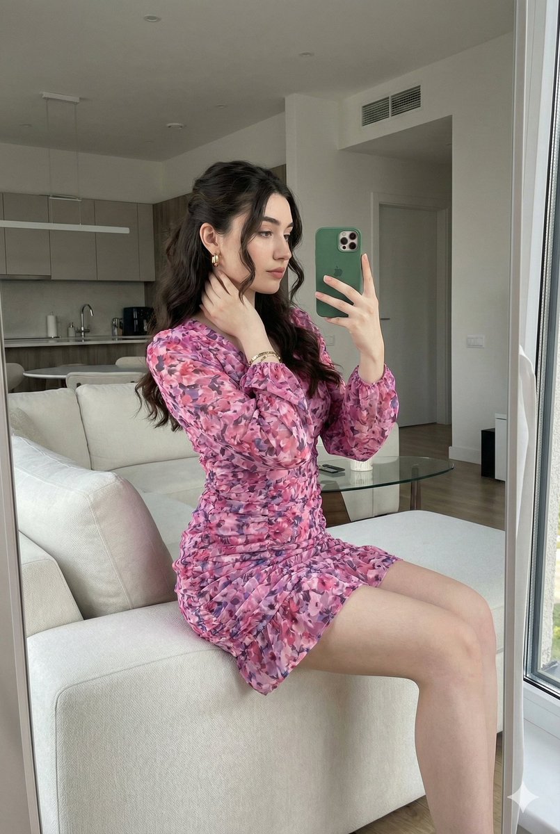 Young woman taking a mirror selfie in a bright modern apartment, showcasing her floral mini dress and relaxed pose.