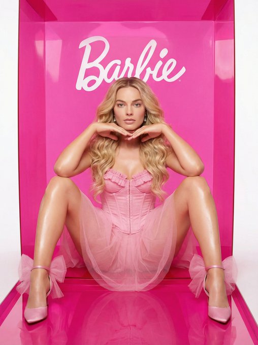 A woman in a pink corset and tulle skirt, seated inside a life-sized doll box with a glossy pink floor.