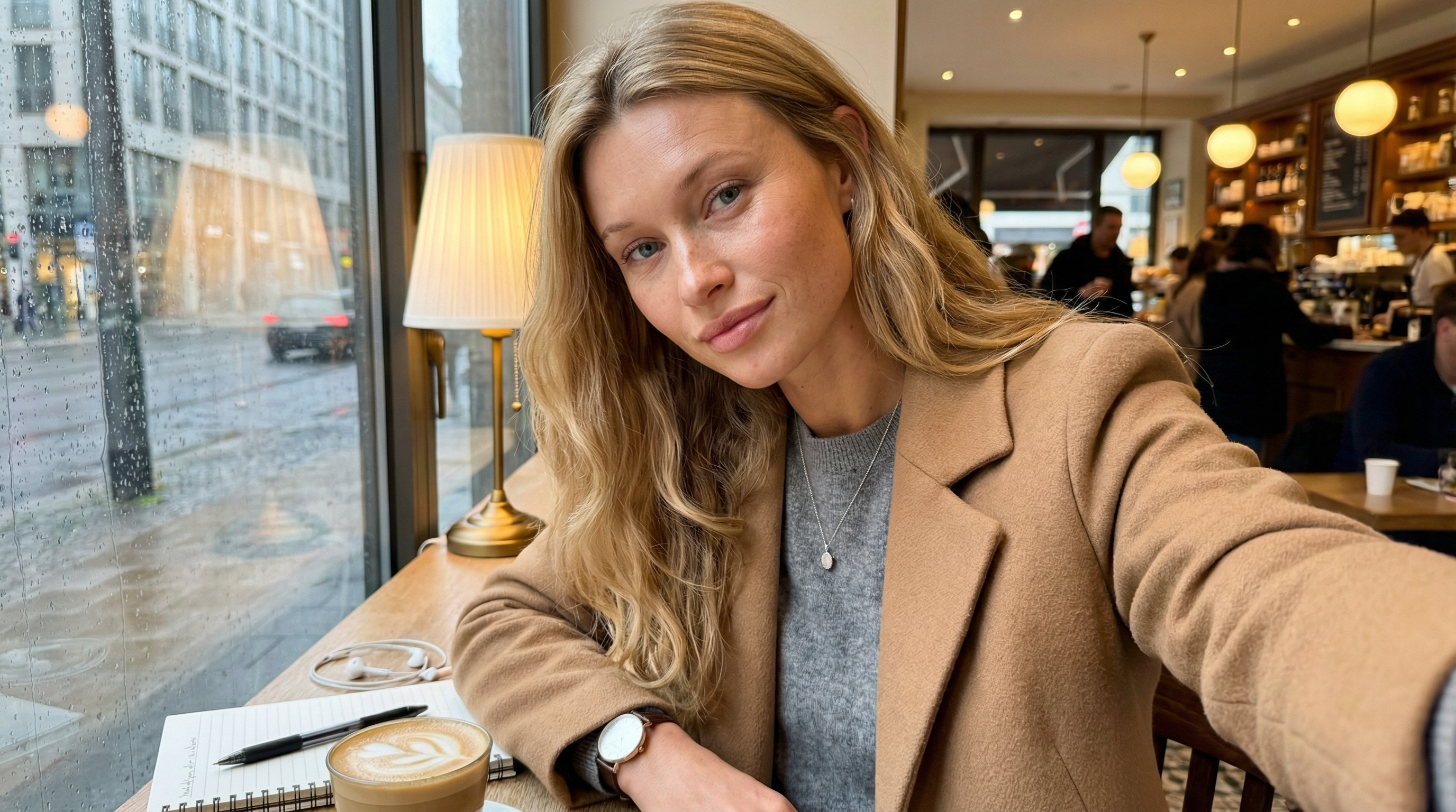 Person in a camel coat seated at a cafe table with a latte and notebook.