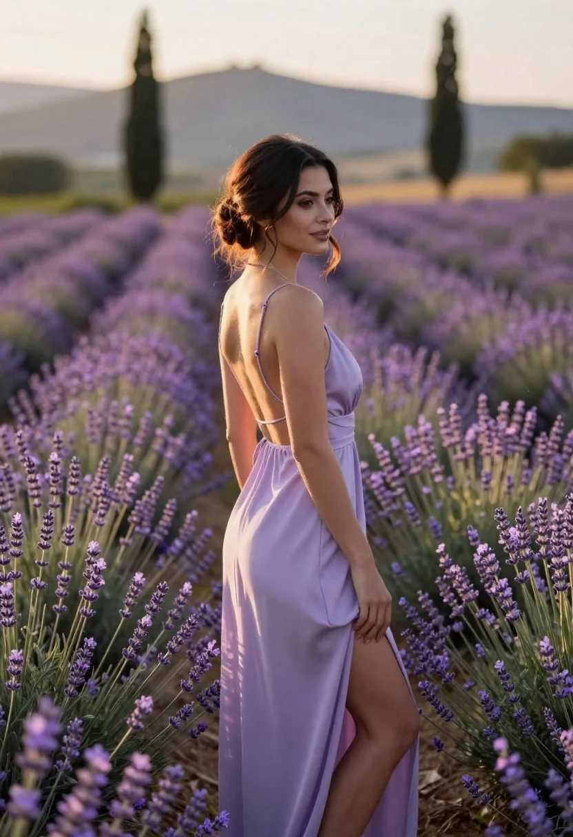 Woman Stands Profile Within Field Blooming Lavender Flowers Subject Young