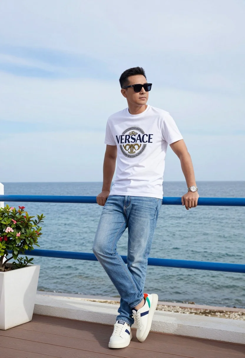Man Stands Confidently Seaside Terrace With The Ocean And Sky